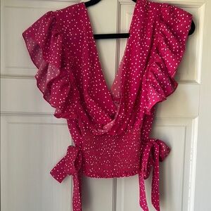 SHEIN Pink Flutter Sleeve Crop Top with Tie Front